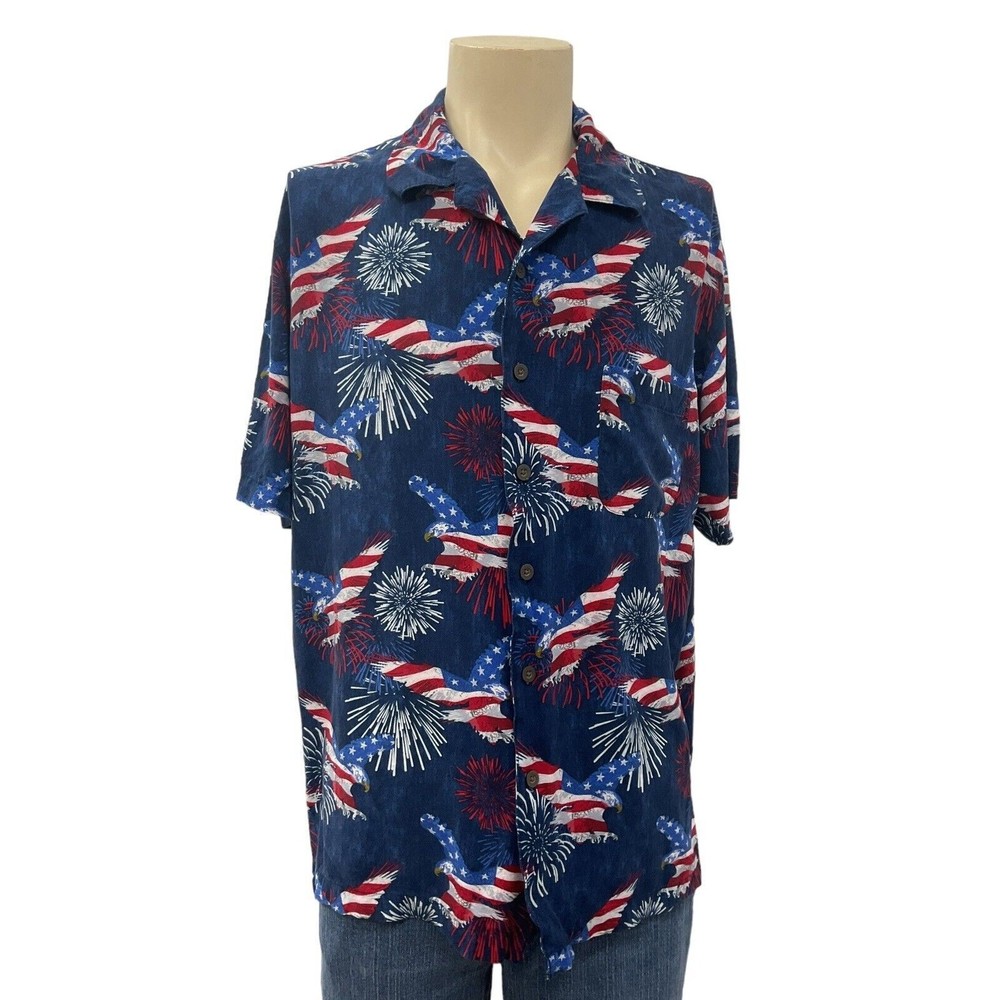 GEORGE Men's Short Sleeve Shirt Patriotic American Flag Eagle Fireworks-XL